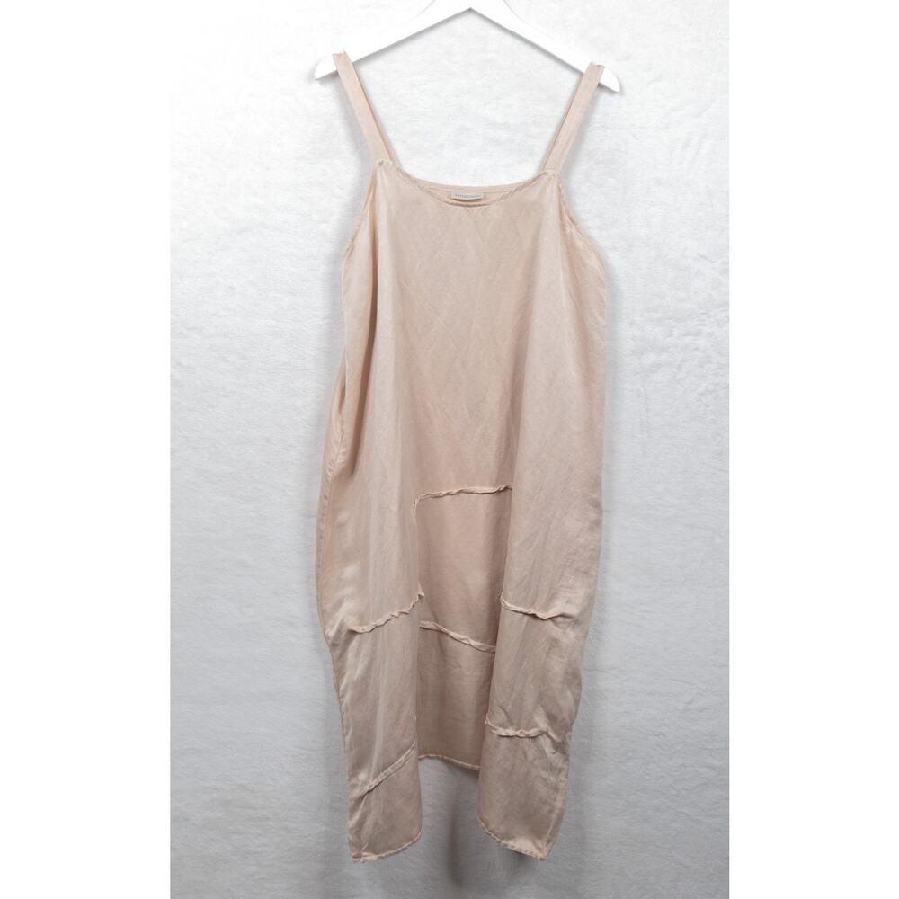 HOMEFROCKS 100% Silk Lagenlook Pintuck Barrel Tank Dress Minimalist Neutral Sz L